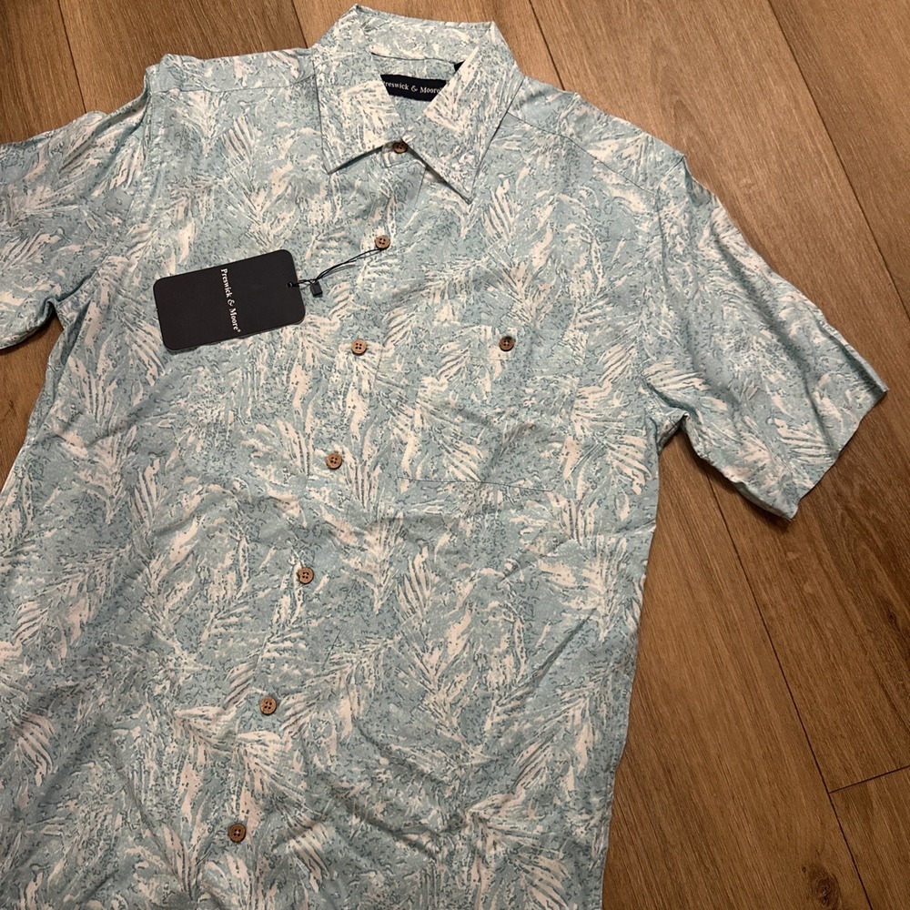 Preswick & Moore Men's Hawaiian Button‎ Shirt SS Small Blue Tropical Rayon NWT